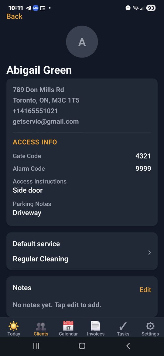 Client detail showing full access info — gate code, alarm code, access instructions, parking notes, default service
