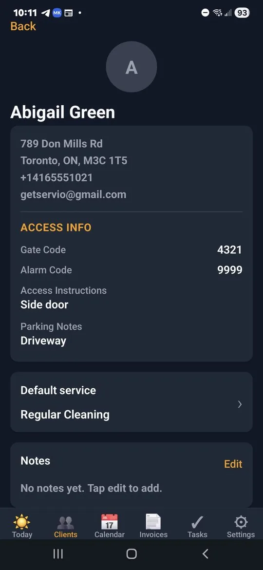 Client detail showing full access info — gate code, alarm code, access instructions, parking notes, default service