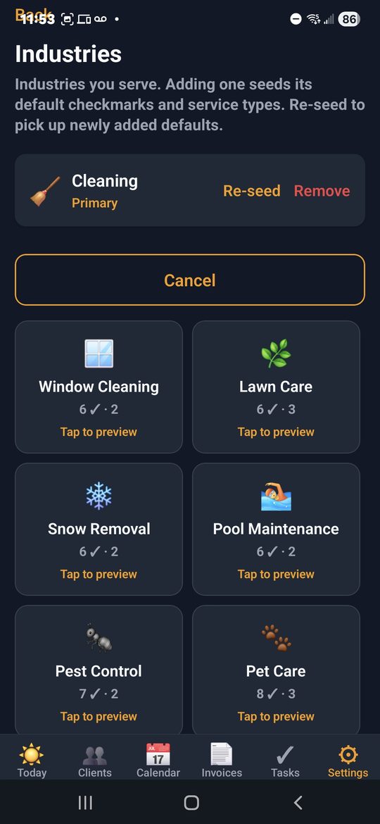Industries picker showing Cleaning marked Primary plus Window Cleaning, Lawn Care, Snow Removal, Pool Maintenance, Pest Control and Pet Care — each with their own pre-seeded checkmarks and service types
