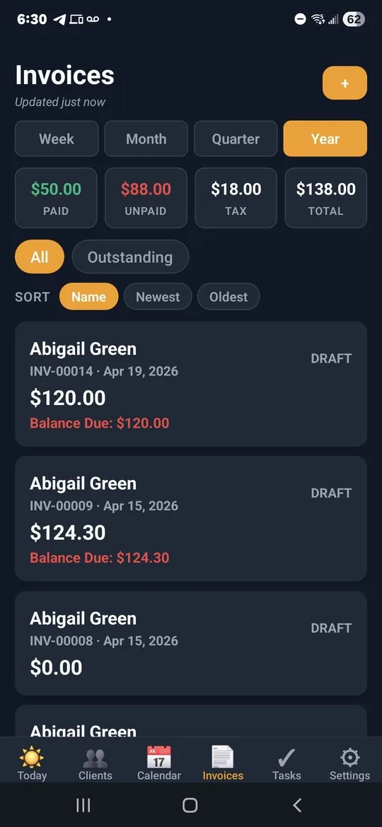 Invoices screen with Week/Month/Quarter/Year tabs at top, four stat cards showing $50 paid (green), $88 unpaid (red), $18 tax, $138 total, and the filtered invoice list below