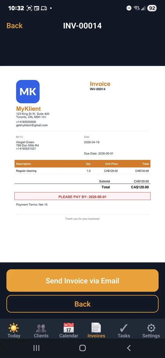 Branded invoice PDF with the MyKlient logo, business details, line items, and Please Pay By callout
