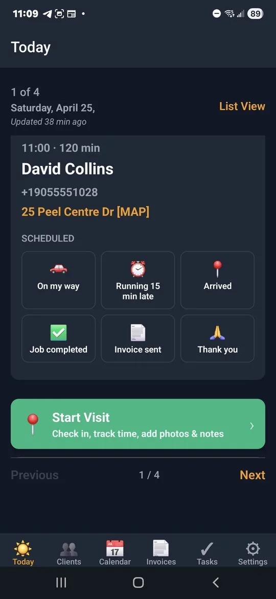 Today screen showing next visit with David Collins, six one-tap status SMS buttons (On my way, Running late, Arrived, Job completed, Invoice sent, Thank you), and a Start Visit button